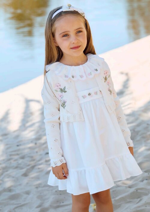 Ecru dress met butter yellow vest SET